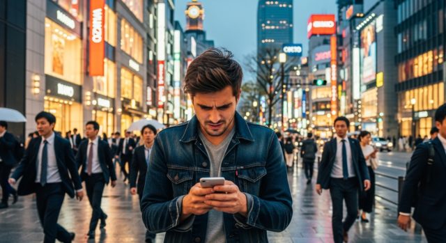 Traveler struggling to use map or messaging app on his phone in a crowded Tokyo city center.
