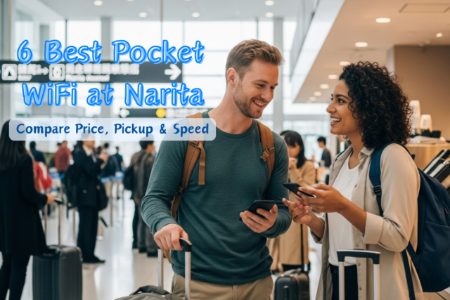 Happy couple using phones after picking up Pocket WiFi at Narita Airport.
