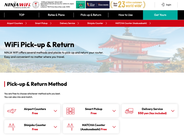 The Ninja WiFi website, showing the company's many Pocket WiFi pickup choices.