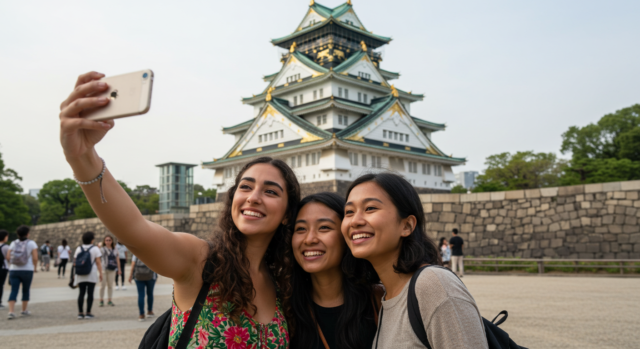 A group of friends use a phone to take a photo in front of the famous Osaka Castle in Japan.