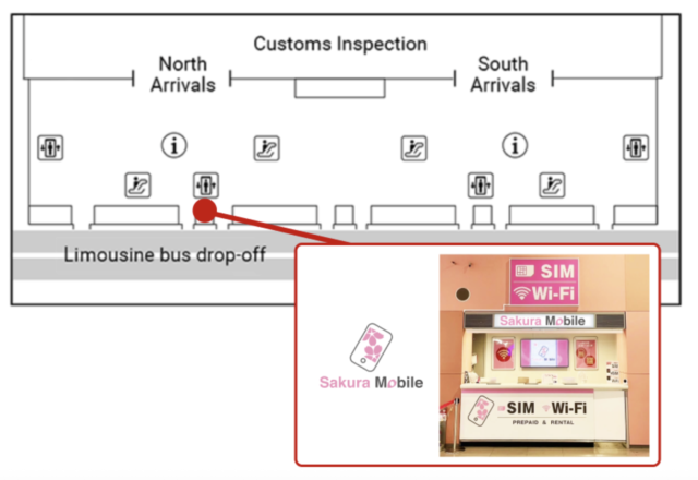 A map depicting the pickup location in Terminal 1 for Sakura Mobile Pocket WiFi at the Kansai Airport at the Sakura Mobile counter.
