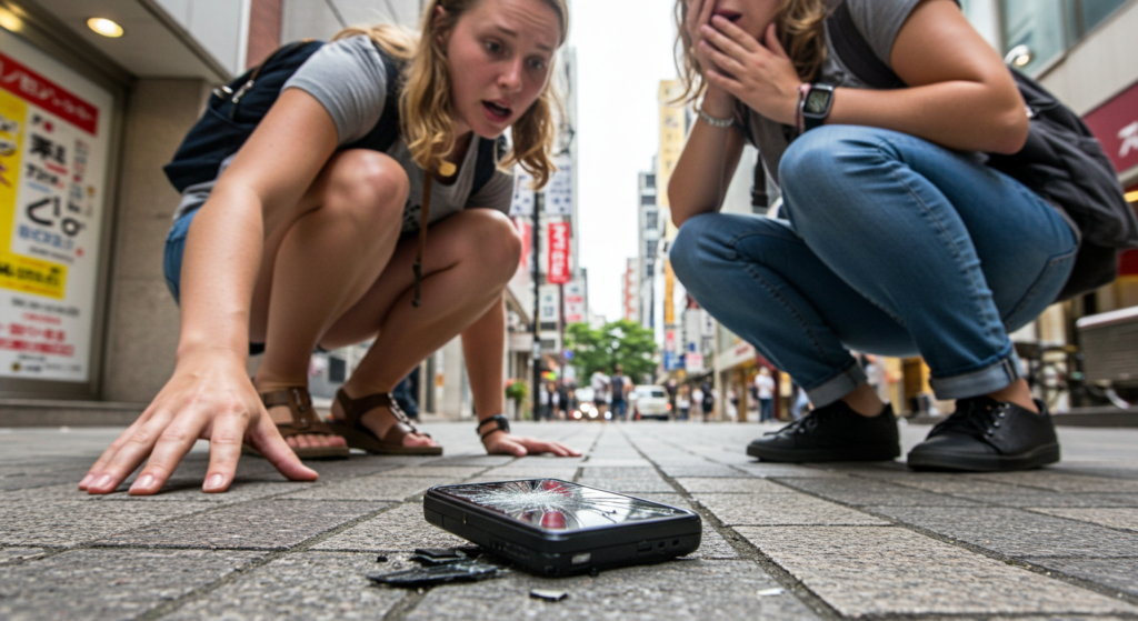 A broken Pocket WiFi on the pavement, highlighting the risk of a travel accident in a busy city like Tokyo.