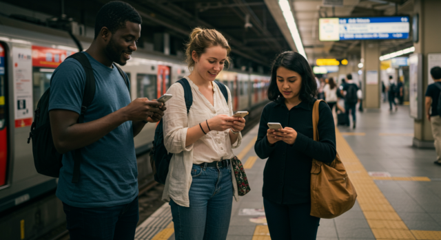 A group of three tourists use their Pocket WiFi to navigate and stay connected while at a train station in Osaka.