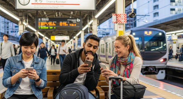 A group of friends uses their phones on a subway platform in Japan while waiting for a train.