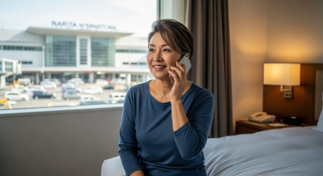 Woman making a call in a hotel room with Narita International Airport visible outside.