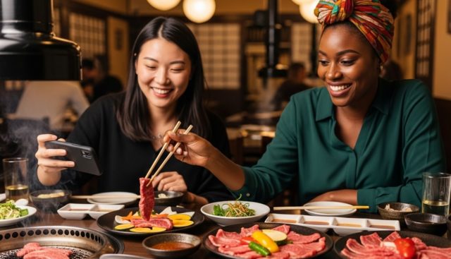 Two friends using pocket WiFi to upload a photo of yakiniku dinner in a Japanese restaurant.