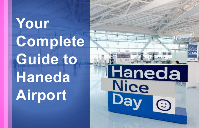 image of ticket counter area of tokyo haneda airport with sign that says "haneda nice day"