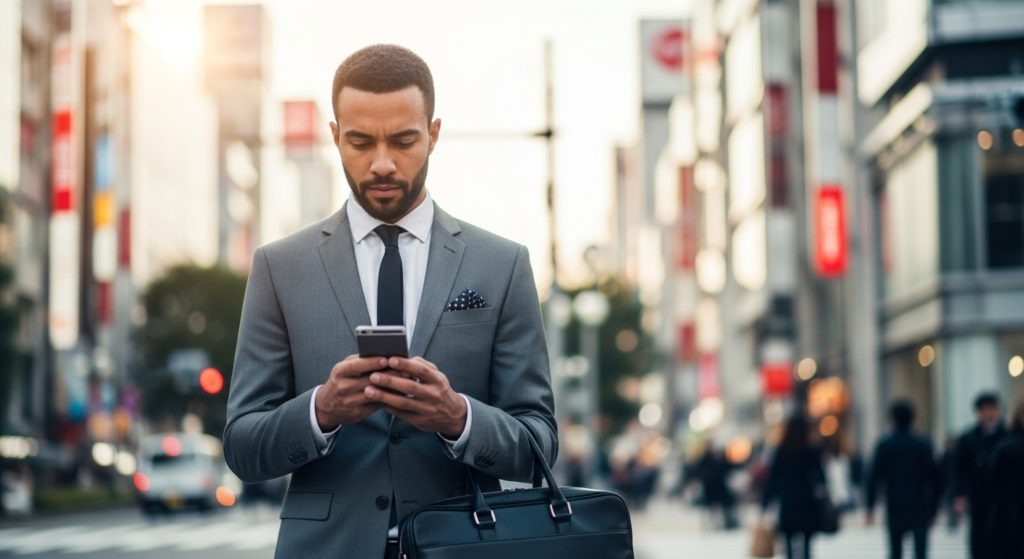 Professional checking his roaming charges while walking in busy Tokyo.