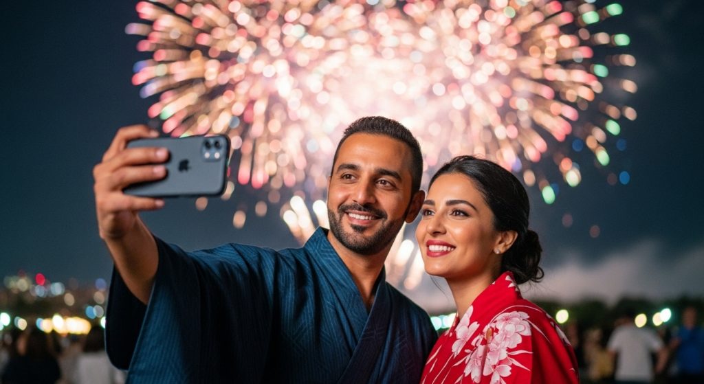 Travelers taking a selfie during fireworks fetival in yukata attire