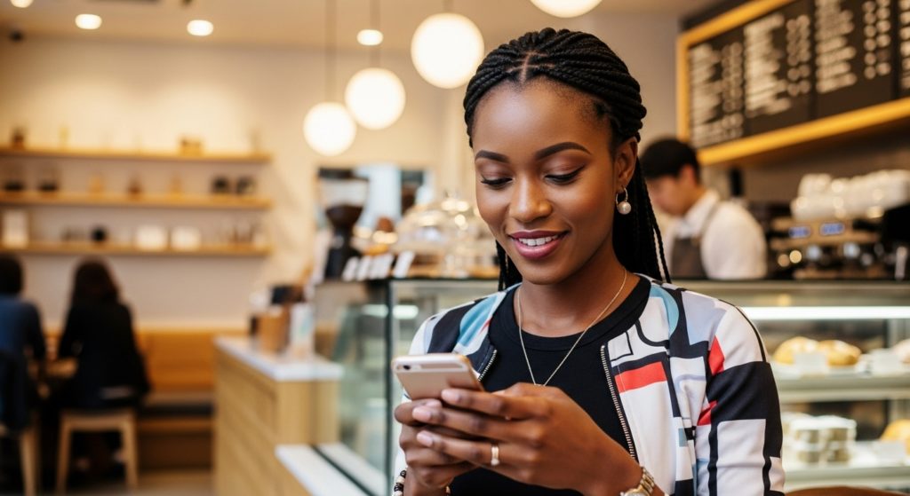Woman checking her phone's compatibility at a cafe before coming to Japan
