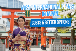 Traveler using phone at traditional shrine in Tokyo with cherry blossoms