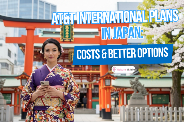 Traveler using phone at traditional shrine in Tokyo with cherry blossoms