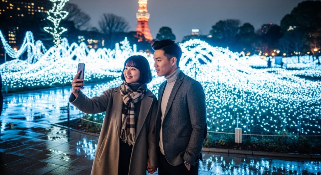 Travelers taking photos at Tokyo Tower light show in the evening.