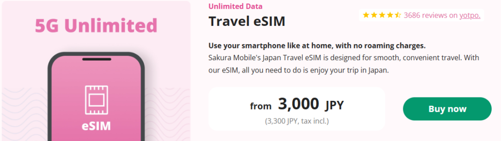 Ad for Sakura Mobile’s 5G Unlimited Travel eSIM plan