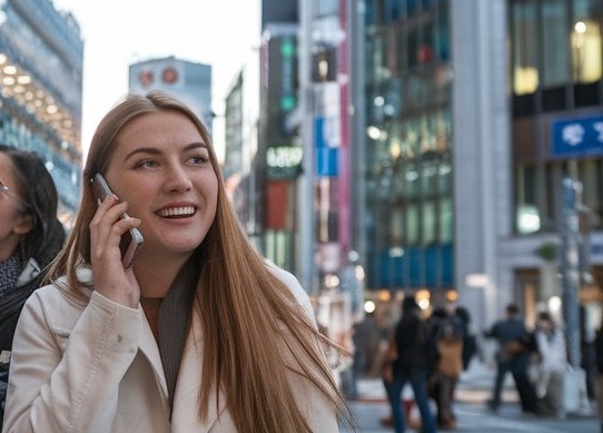 A woman is happily talking on her phone whilw walking the streets of Tokyo in daylight