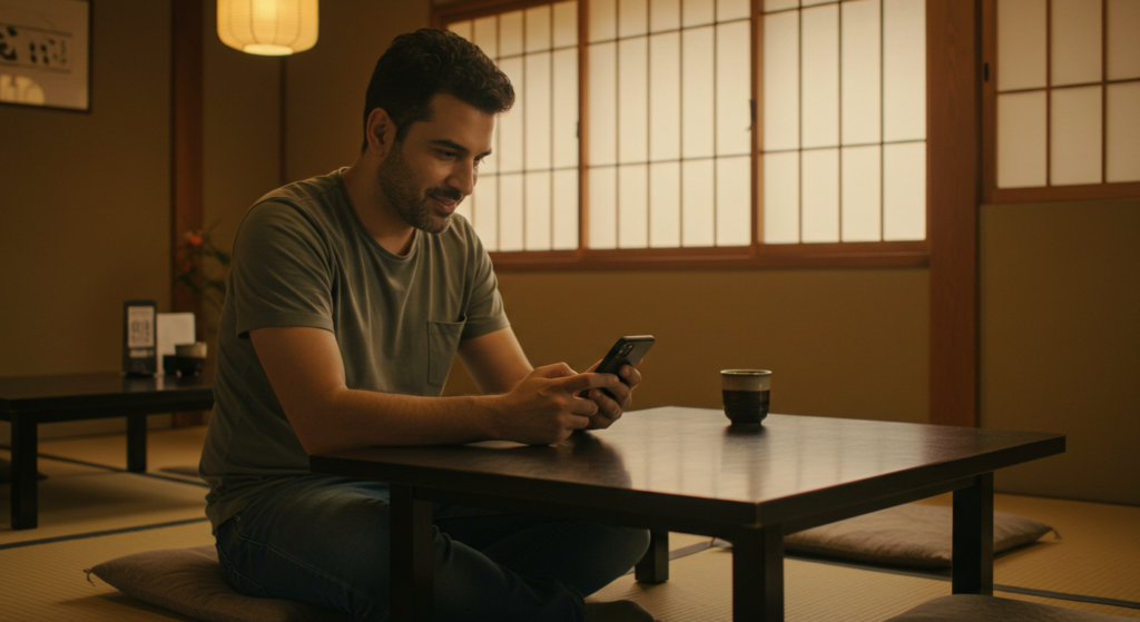 Traveler using a mobile phone in a traditional Japanese room.