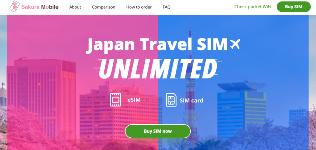 Sakura Mobile Japan Travel SIM landing page showcasing unlimited data plans for tourists in Japan, with options for eSIM and physical SIM cards.