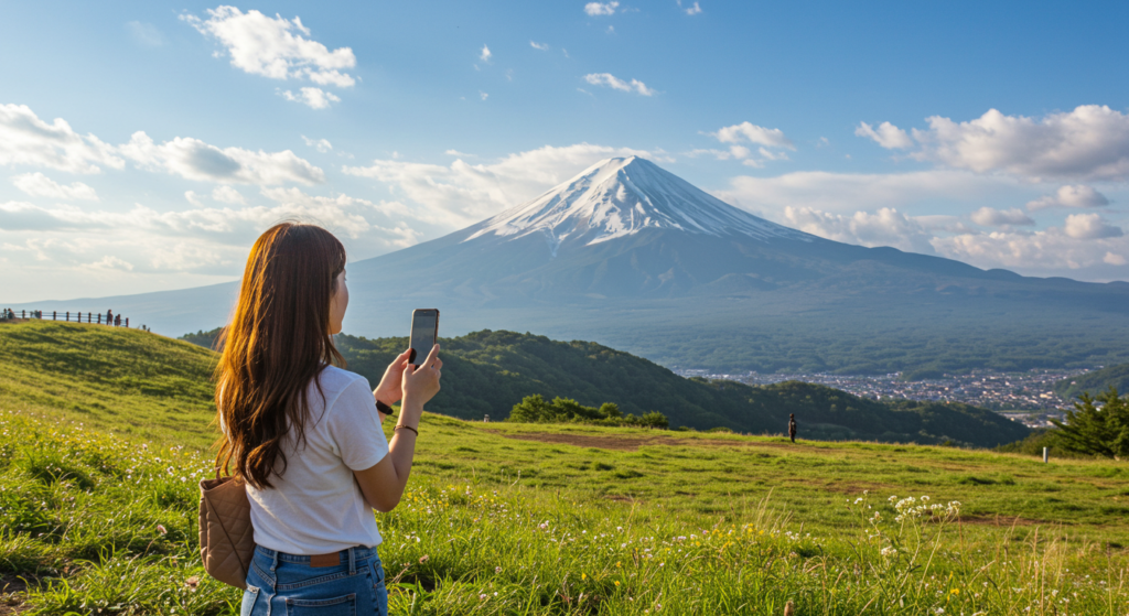 Traveler capturing the view of Mount Fuji Japan