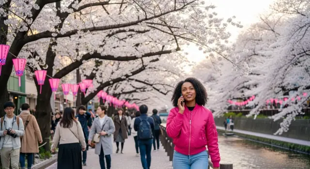 Foreign resident using a smartphone while walking under cherry blossoms in Japan.