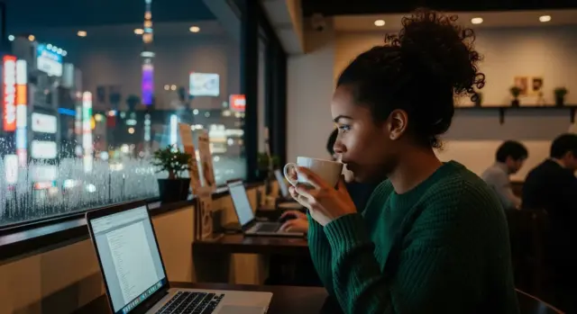 Foreign resident working on a laptop in a cafe in Japan while using mobile data.