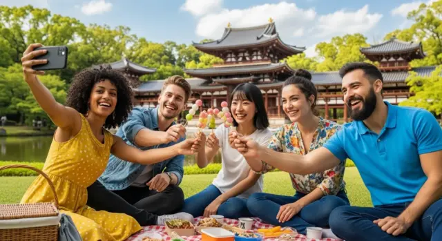 Group of foreign residents taking a photo together while enjoying a picnic near a temple in Japan.