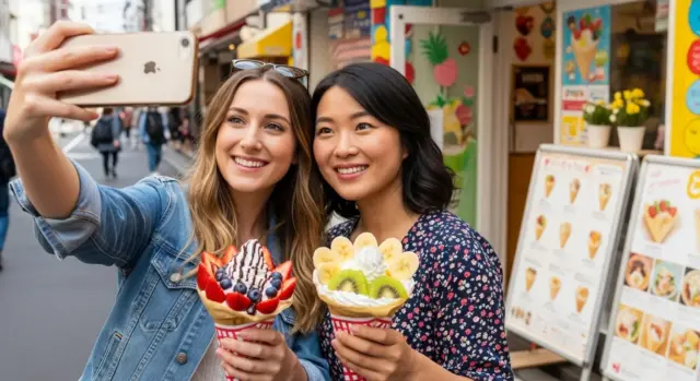 Two foreign residents taking a photo with smartphones while enjoying desserts in Japan.