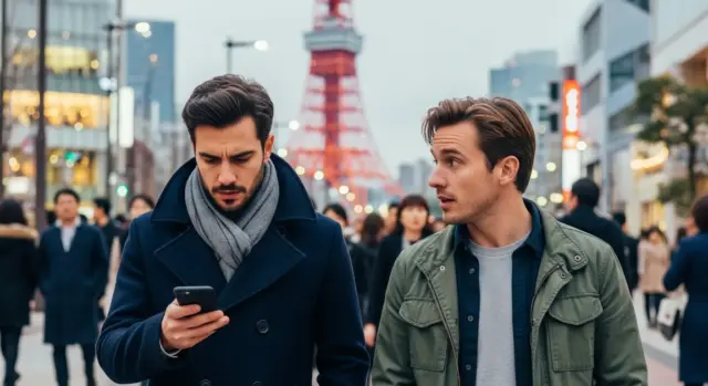 Two foreign residents using a smartphone for navigation while walking in Tokyo.