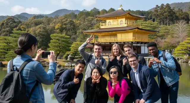 Group of foreign residents taking a photo at a historic temple in Kyoto.