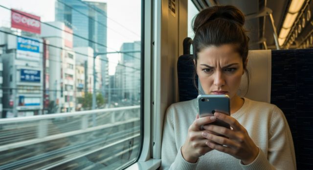 Woman looking annoyed at smartphone while riding the train through Tokyo.