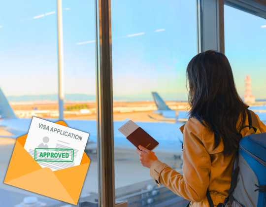 a woman holding a passport at the airport