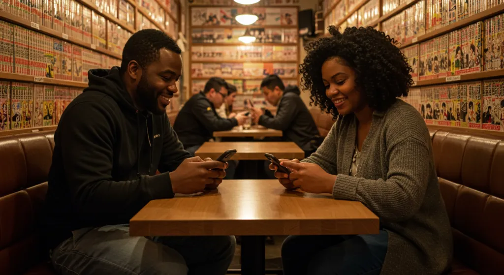 Couple using their smartphones in a Japanese cafe, enjoying reliable mobile connectivity while engaging in local experiences in Japan.