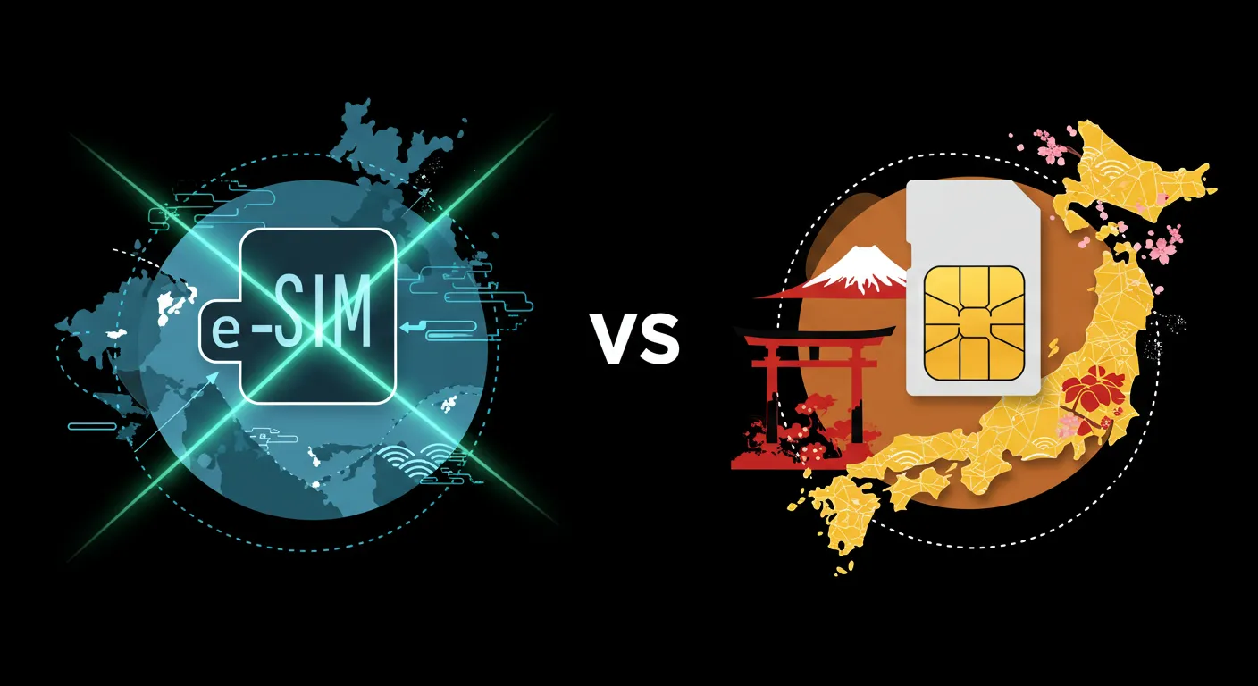Illustration comparing eSIM and traditional SIM cards for travel in Japan, highlighting the differences in mobile connectivity options.