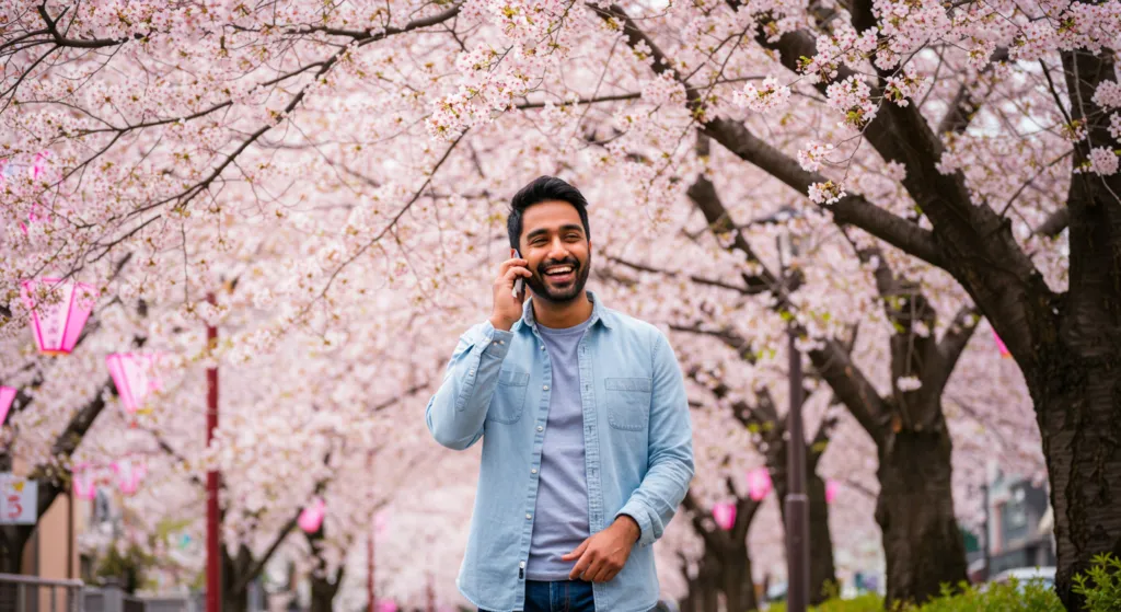 Traveler enjoying the cherry blossoms in Japan while using a mobile phone, showcasing the importance of reliable connectivity with Sakura Mobile.