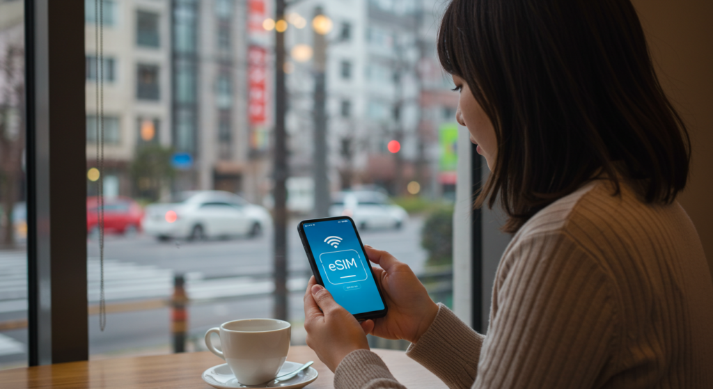 A woman in a cafe in Japan uses her smartphone displaying the "eSIM" logo, with city streets visible through the window.2