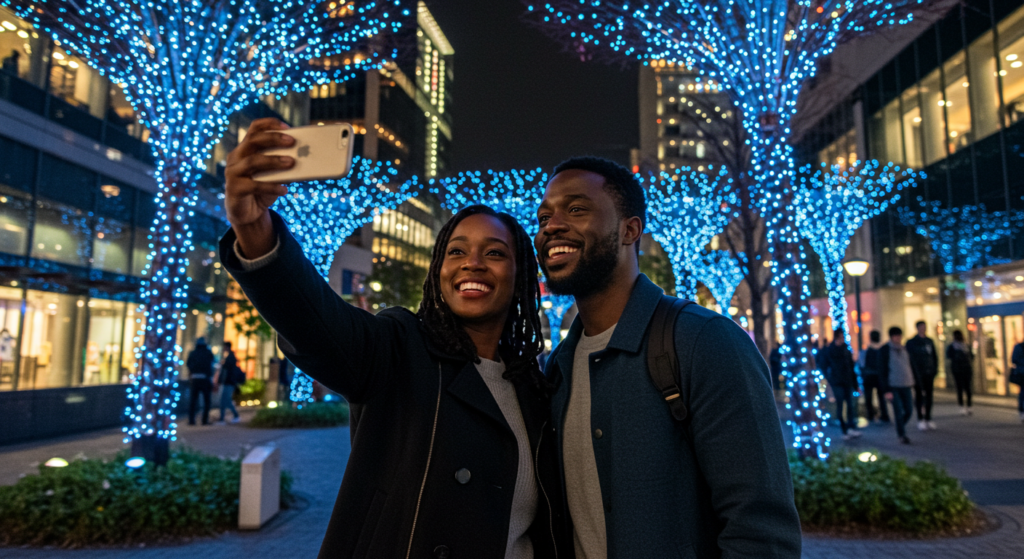 A couple smiles as they take a selfie with blue Christmas lights in Tokyo, capturing the festive atmosphere in a busy urban setting at night.