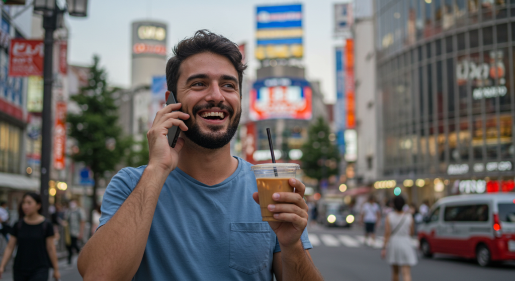 A man talks on the phone and holds a cup of iced coffee in Shibuya, Tokyo, with vibrant billboards and a bustling city background.