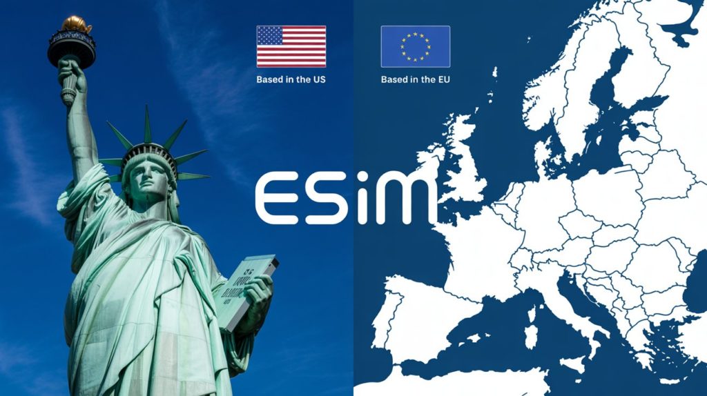 The Statue of Liberty on the left with "Based in the US" and the American flag, and a map of Europe on the right with "Based in the EU" and the European flag, with the "eSIM" logo in the center.