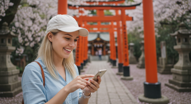 A woman smiles while using her smartphone at a Japanese shrine with red torii gates and cherry blossoms in the background