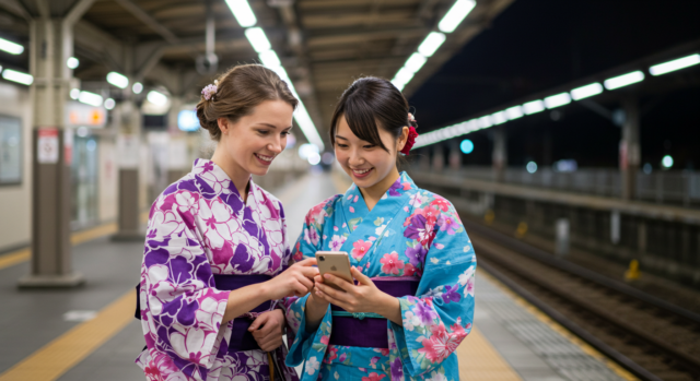 Two women in colorful Yukata smile while using a smartphone at a train station at night.