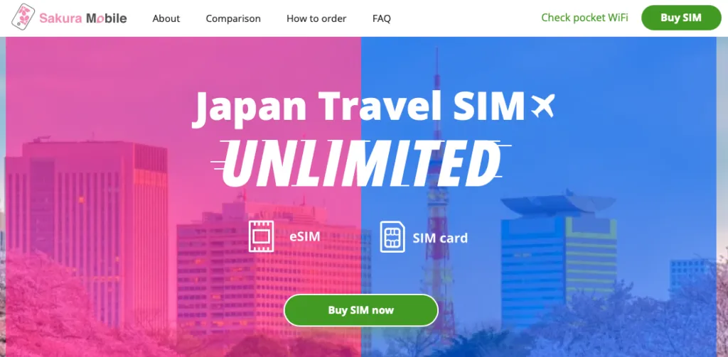 A screenshot of the Sakura Mobile website showing a banner for Japan Travel SIM with unlimited data.