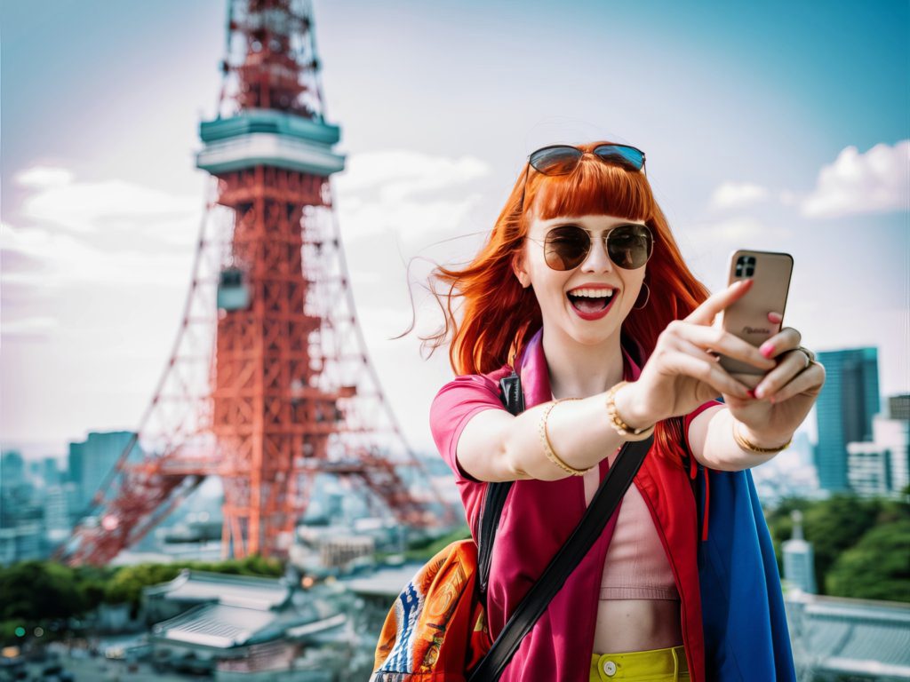 Woman traveler holding smartphone in front of Tokyo Tower