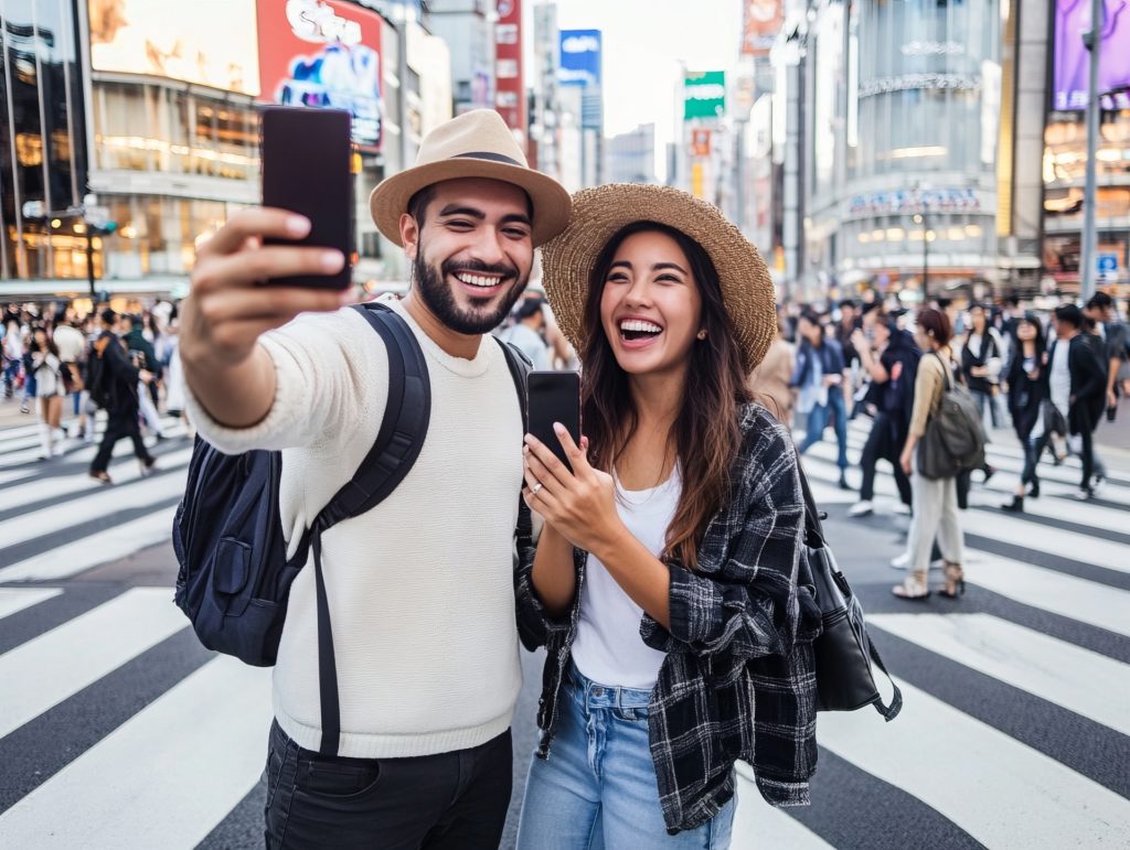 Couple with Smartphone in Shibuya Crossing