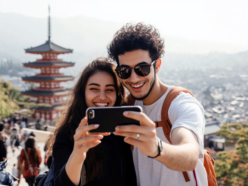 Couple taking a picture with a smartphone in front of Kiyomizudera Temple