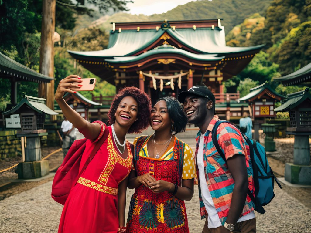 Tourists taking picture in front of Japanese Shrine